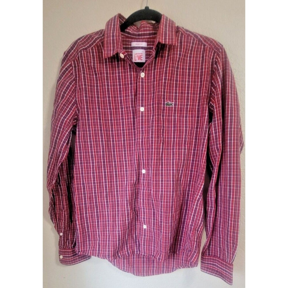 lacoste live mens med. dress shirt 40 skinny fit red plaid button down crocodile